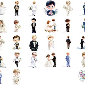 Clipart PNG di portatore di fedi ad acquerello, arte trasparente per ragazzi da sposa, simpatici ragazzi con i fiori e portatore di fedi per inviti, decorazioni e lavoretti.