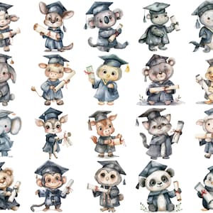 Watercolor Graduation Baby Animals Clipart PNG: 26 Adorable 300 DPI Images Perfect for Graduation Invitations and Scrapbooking Projects