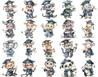 Watercolor Graduation Baby Animals Clipart: 26 PNG Images (300 DPI)