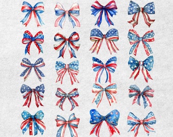 Watercolor 4th of July Bow Clipart: 20 Patriotic PNGs (300 DPI)