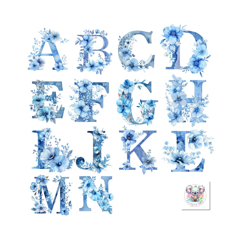 May include: Blue watercolor alphabet letters with floral designs. The letters are A, B, C, D, E, F, G, H, I, J, K, L, M, and N.