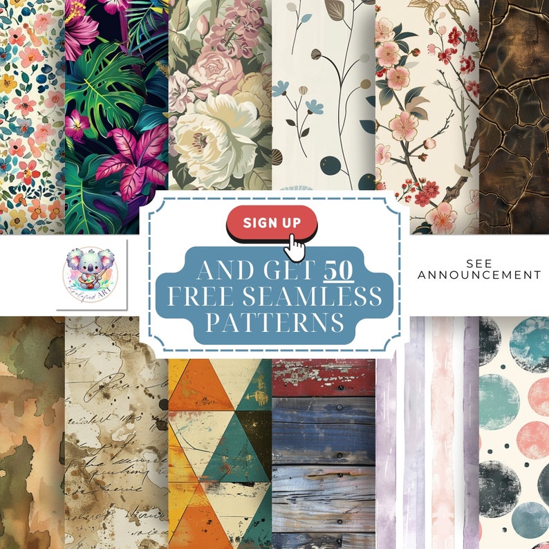 Puede incluir: Un collage de patrones sin costuras coloridos, que incluyen dise&ntilde;os florales, geom&eacute;tricos y abstractos. El texto "Reg&iacute;strate y obt&eacute;n 50 patrones sin costuras gratuitos" se muestra en un cuadro blanco con borde azul. El texto "Ver anuncio" se muestra en un cuadro blanco con borde azul.