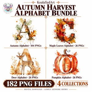 Op de afbeelding: Een digitale grafische set getiteld Autumn Harvest Alphabet Bundle met 182 PNG-bestanden verdeeld over 4 collecties. De afbeelding toont letters versierd met herfstbladeren in aquarel, eikels, een hert en een pompoen in totaal 182 PNG-bestanden.