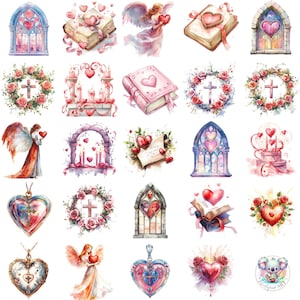 St. Valentine Clipart Bundle - 48 PNG Aquarell Illustrationen - Religiöse Liebe, Herzen, Engel, Kreuze, Buntglas - Digital Download