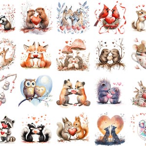 Clipart animaux des bois Saint-Valentin PNG, art animalier aquarelle amour, renards romantiques, hiboux, lapins et plus pour cartes et travaux manuels