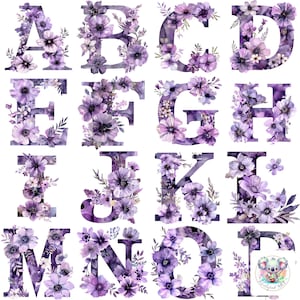 Colección de imágenes prediseñadas de letras de flores moradas: 26 imágenes del alfabeto en acuarela con hermosos patrones florales para manualidades, invitaciones y decoración.