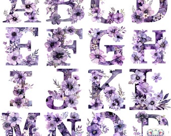 Purple Floral Alphabet Clipart: Watercolor Flower Letters (Digital Download)