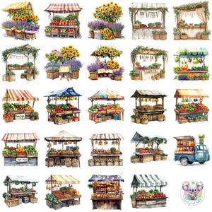 Watercolor Farmers Market Stand Clipart PNG, 48 Transparent Rustic Stalls with Fresh Produce, Flowers & Vintage Trucks for Craft Designs