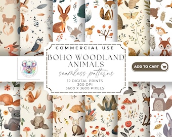 Motivi senza soluzione di continuità con animali del bosco boho: 12 fogli digitali (300 DPI)