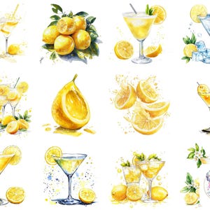 48 Clipart acquerello di gocce di limone / PNG Martini a tema agrumi / Arte digitale ad alta risoluzione per progetti di artigianato e feste