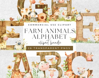 May include: Watercolor clipart alphabet featuring farm animals. Each letter is made of wood and decorated with cute farm animals like cows, pigs, chickens, and sheep. The letters are surrounded by green grass and flowers. The text "COMMERCIAL USE CLIPART FARM ANIMALS ALPHABET clipart bundle 26 TRANSPARENT PNGS" is at the top of the image.