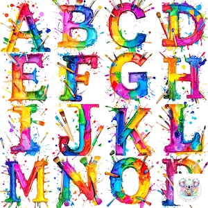 Pode incluir: Letras do alfabeto coloridas pintadas com cores vibrantes e respingos de tinta em um fundo branco. Pincéis espalhados ao redor das letras.