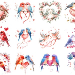 Saint-Valentin Love Birds Clipart PNG, Art romantique aquarelle oiseau, Illustrations de nid de coeur, tourtereaux mignons pour cartes et travaux manuels