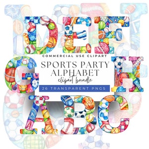 Aquarel sport letter alfabet clipart - levendige png-bundel voor aangepaste sportthema's, 26 hoge resolutie 300 dPI-afbeeldingen voor knutselen