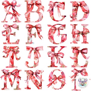 Ribbon Romantik: Aquarell Rot Schleife Kokette Alphabet Buchstabe Cliparts PNGs | Komplettes 26-Buchstaben-Set bei 300 DPI für Lovely Crafts & Decor