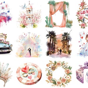 49 imágenes prediseñadas de acuarela de bodas en Las Vegas / PNG de bodas con temática de Las Vegas / Arte digital de alta resolución para manualidades y diseños