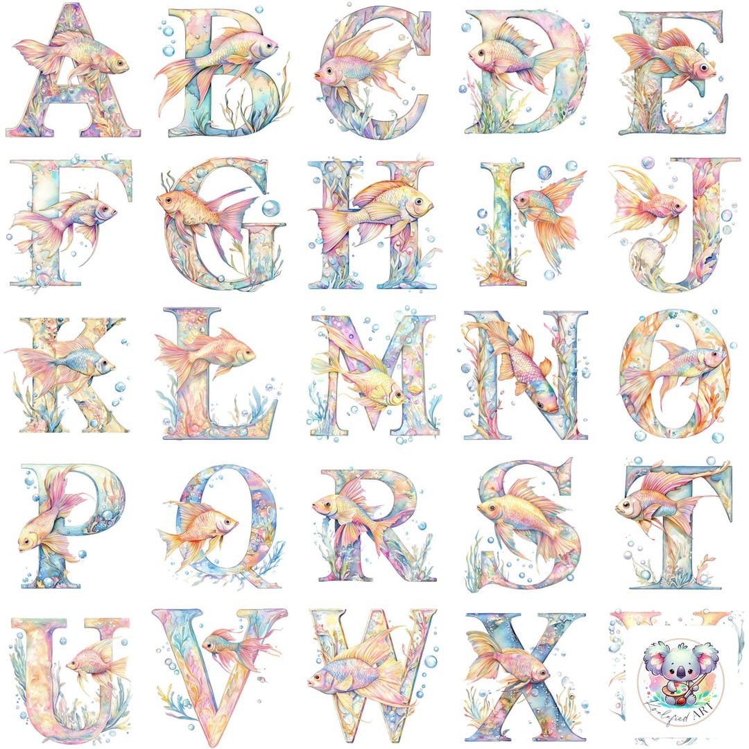 Angel Fish Alphabet Clipart, Under the Sea ABC Letters, Pastel Rainbow ...