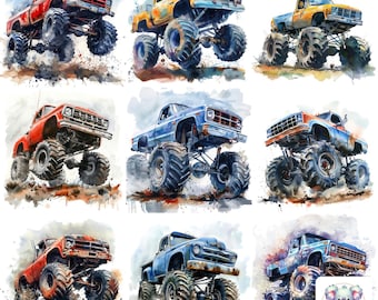 Watercolor Monster Truck Clipart: High-Resolution Digital Designs (24 Images)