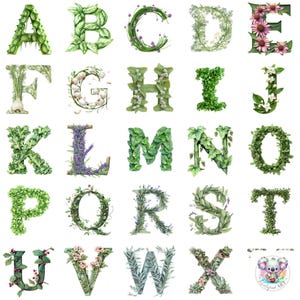 Juego de 104 imágenes prediseñadas del alfabeto de hierbas: letras de hierbas de la A a la Z con 4 diseños únicos para cada letra / Gráficos digitales botánicos para proyectos creativos