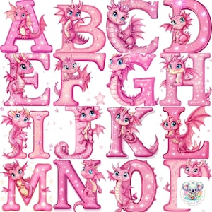 Lindo conjunto de imágenes prediseñadas del alfabeto de dragón rosa: 26 letras de la A a la Z con dragones kawaii: PNG de alta resolución para proyectos infantiles y de fantasía