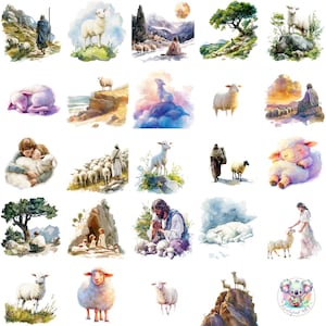 29 verloren schapen religieuze clipart png, aquarel christelijke goede herder kunst, gelijkenis van het verloren schaap, Jezus en lammeren voor ambachten en decor