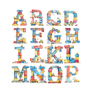 ABC des grues et du béton - Clipart de l'alphabet pour la fête de la construction - 26 images PNG robustes, 300 DPI