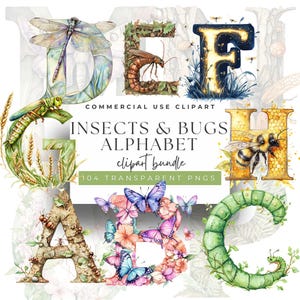 May include: Watercolor clipart bundle featuring the alphabet letters A, B, C, D, E, F, G, and H, each decorated with insects, bugs, and floral elements. The letters are in various colors, including green, blue, and brown, with a transparent background.