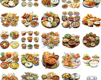 Watercolor Indian Food Clipart: Curry & Thali PNG (Digital Download)