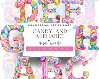 Clipart PNG di dolci caramelle acquerello Candyland Alphabet: 26 lettere uniche da 300 DPI per progetti fai da te, inviti e altro ancora