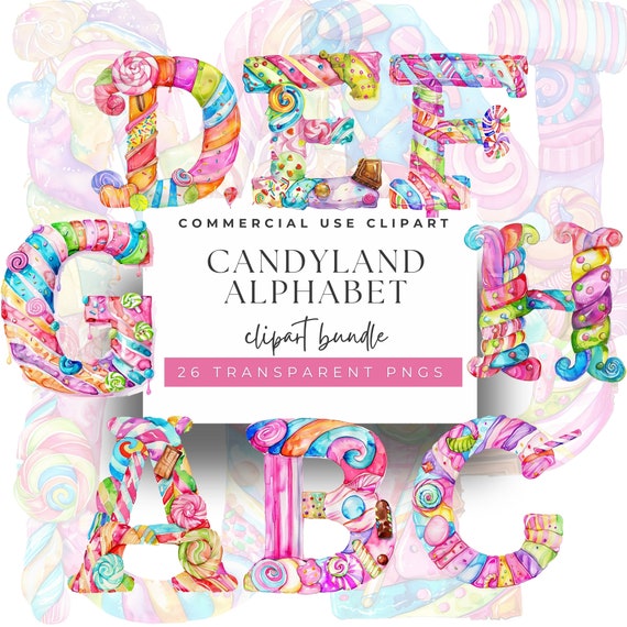 Watercolor Candyland Alphabet Clipart: 26 Lollies PNG Letters (300 DPI)