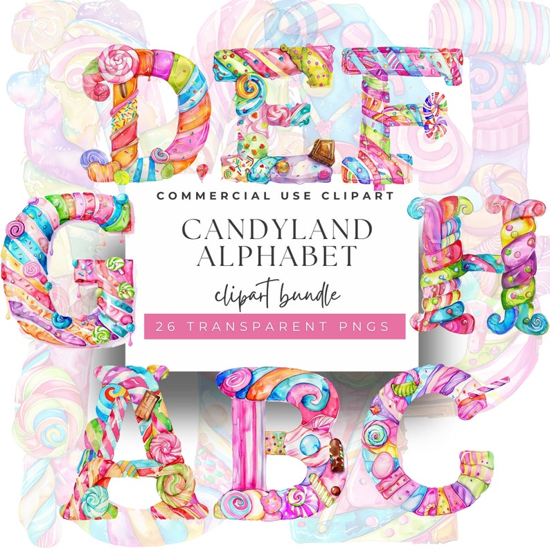 K&ouml;nnte beinhalten: Ein Satz von 26 Alphabetbuchstaben aus bunten S&uuml;&szlig;igkeiten, Lutschern und Streuseln. Die Buchstaben sind im Aquarellstil gehalten und perfekt zum Basteln und Scrapbooking.