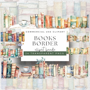 Watercolor Books Border Cliparts: Literary Elegance, 300 DPI PNGs