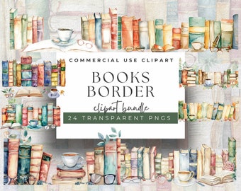 Watercolor Books Border Cliparts: Literary Elegance, 300 DPI PNGs