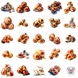 Puede incluir: Ilustraciones en acuarela de bollos de Pascua, un dulce tradicional de Semana Santa. Los bollos son de color marrón dorado con una cruz blanca. Algunas imágenes incluyen conejos, añadiendo al tema de Pascua.
