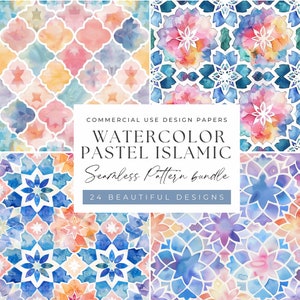 Islamic Artistry: Watercolor Pastel Digital Paper Collection - 24 Seamless Patterns | 300 DPI | 3600 X 3600 Pixels