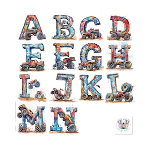 Revved Up ABCs - Aquarell Monstertruck Buchstabe Alphabet Clipart - 26 dynamische PNGs, 300 DPI