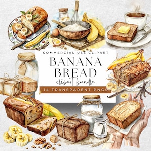 Bakery Fresh - Clipart de pão de banana em aquarela rústica - 14 PNGs artesanais transparentes, alta resolução