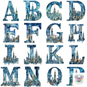 Watercolor Alphabet Clipart Featuring NYC Skyline: 26 High-Resolution New York Cityscape Letters for Urban-Themed Invitations, Decor, Crafts