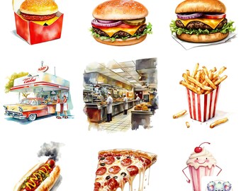 Aquarell Fast Food Clipart: Burger, Pizza, Pommes (PNG Digital Download)