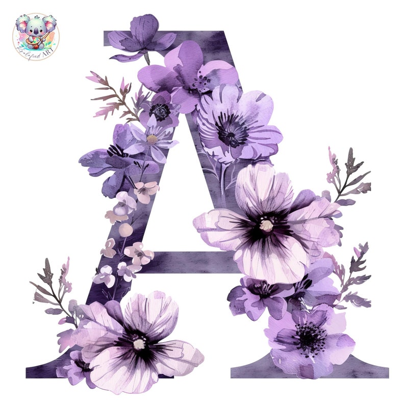 Purple Floral Alphabet Clipart: Watercolor Flower Letters (digital ...