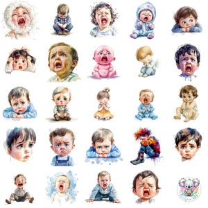 41 Clipart de bebê chorão em aquarela PNG, arte fofa transparente para bebês, cenas emocionais de bebês chorando para artesanato, livros de histórias e designs