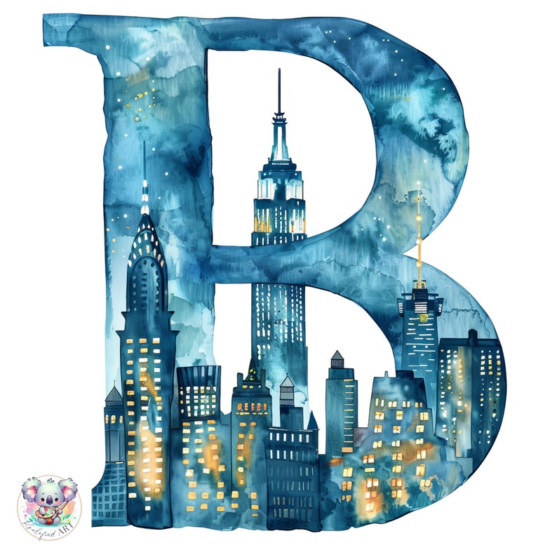 Watercolor NYC Skyline Alphabet Clipart: High-resolution Cityscape ...