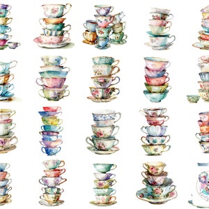 PNG eleganti di tazze da tè vintage in acquerello: 20 immagini uniche da 300 DPI per progetti fai da te, inviti e altro ancora