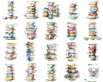 Vintage Teetasse Stapel Clipart: Elegante PNG Bilder (300 DPI)