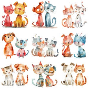 Entzückende Aquarell Katzen und Hunde in Liebe Clipart PNGs - 24 hochauflösende 300 DPI Bilder zum Basteln, für Einladungen und Dekor