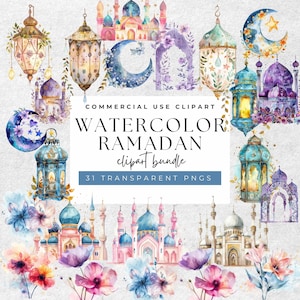 Ramadan Glow: Islamische Clipart in Aquarell - 31 PNGs Transparent, Hohe Auflösung 300 DPI für Kommerzielle Nutzung