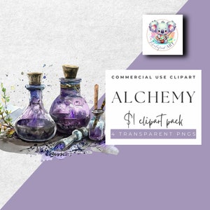 May include: A watercolor illustration of four glass bottles with cork stoppers filled with purple liquid. The bottles are surrounded by purple and white flowers and a wooden stick. The text "ALCHEMY $1 clipart pack 4 TRANSPARENT PNGS" is written in white on a purple background.