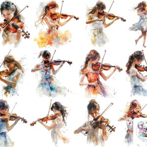 Geige Mädchen Clipart PNG: 22 elegante Aquarell Musiker Illustrationen für Sublimation, Bastelarbeiten und künstlerische Projekte