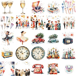 54 cliparts rétro pour la Saint-Sylvestre - illustrations de célébrations vintage tourne-disques, champagne, danse, horloges, feux d'artifice, téléphones rétro
