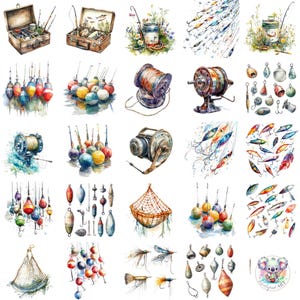 Watercolor Fishing Tackle Clipart: Reels, Lures, Nets (Digital Art PNG)